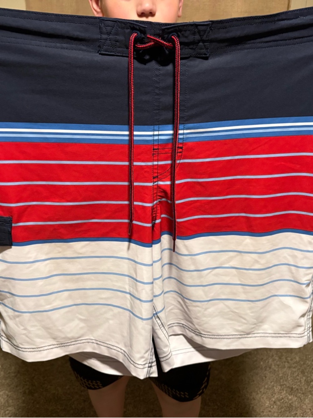 Faded Glory Navy, Red & White Striped Men's Swim Shorts